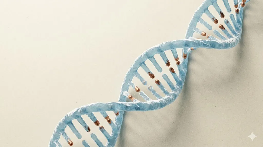 GHK-Cu peptide molecules binding to a DNA double helix in copper accents on cream background