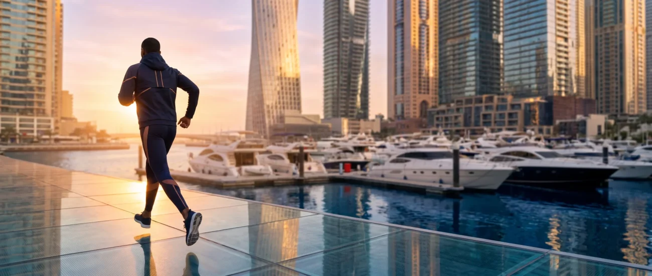 Athletic runner at golden hour sunrise on a Dubai Marina boardwalk with luxury skyscrapers in the background — wellness research peptide lifestyle banner