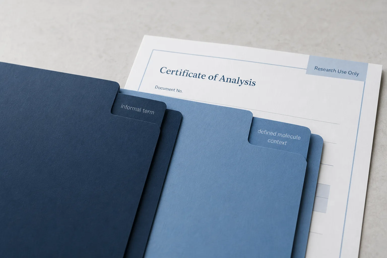 Two document folders tabbed gastric-origin peptide and thymosin fragment context with a certificate of analysis sheet