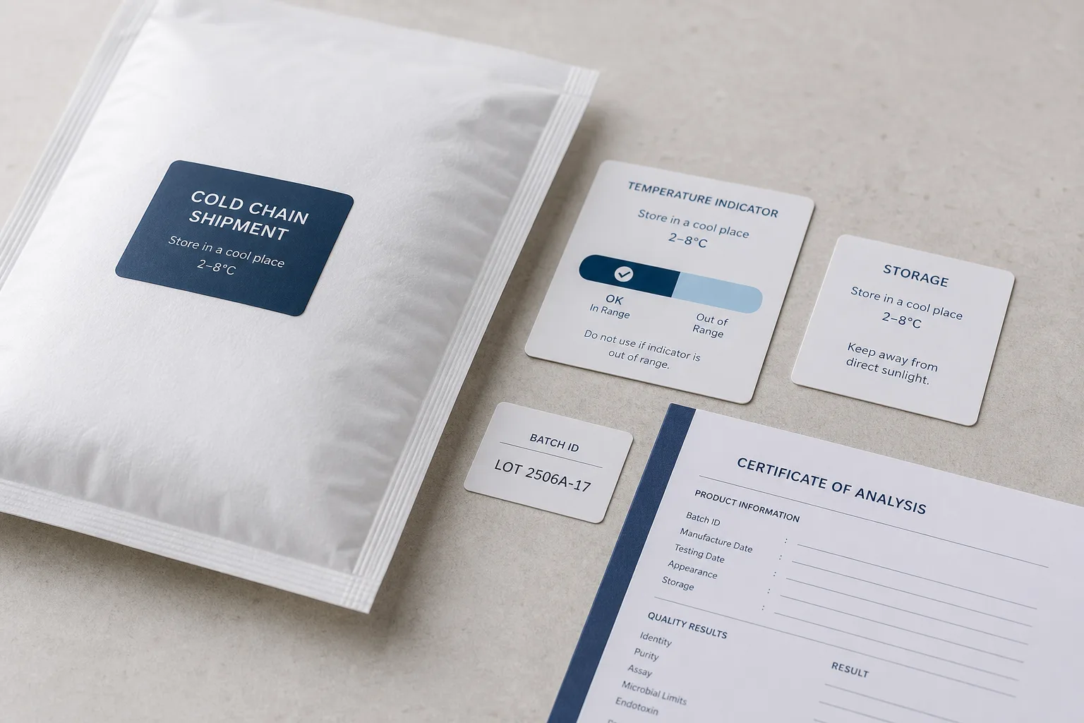 Four distinct documents fanned out: trial record, mechanism paper, analysis certificate and batch review